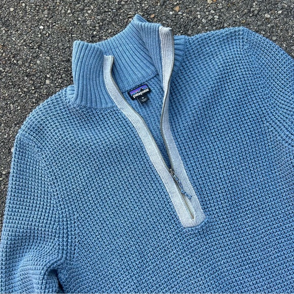 Patagonia Ponderosa Pine Sweater Waffle Knit 1/4 Zip Blue Womens M Worn Wear - Picture 4 of 7